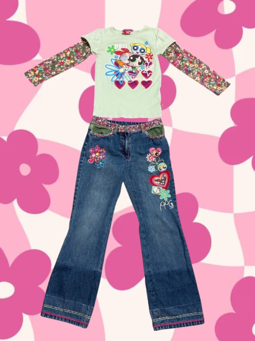 Vintage 2006 Powerpuff Girls Matching Set Girls 10 Jeans 8 Top Y2K Rare Grail - Picture 1 of 16